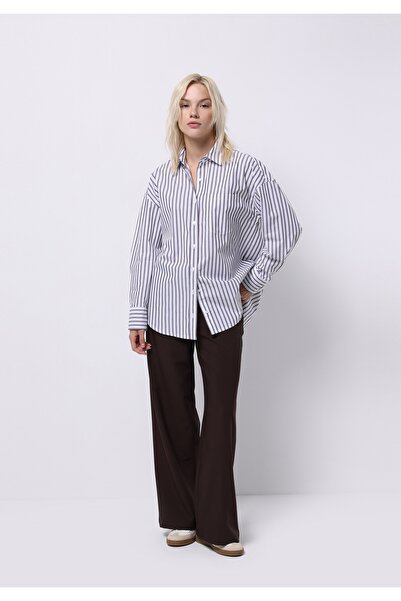 Colin's Relax Fit Shirt Neck Çizgili Kadın Mor Uzun Kol Gömlek