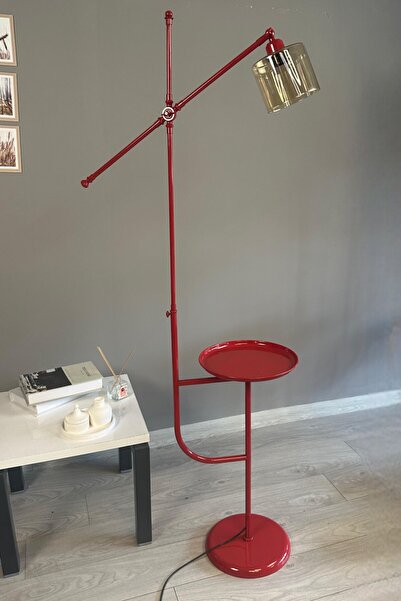 Bamyum Lille Kırmızı Gövde Bal Rengi Cam Lambader Tepsili Makas Gövde Modern Metal Zemin Lambası