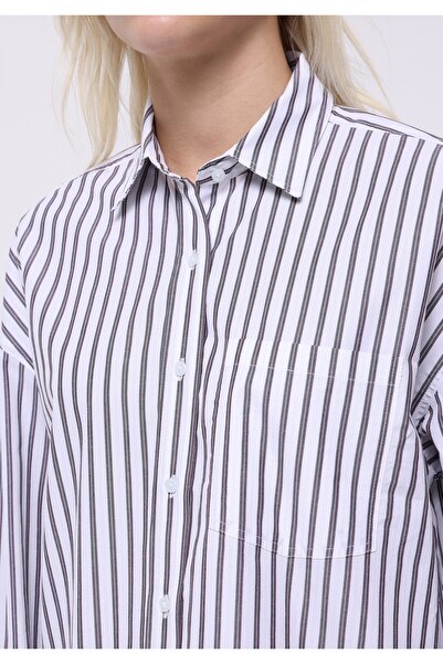 Colin's Relax Fit Shirt Neck Çizgili Kadın Mor Uzun Kol Gömlek