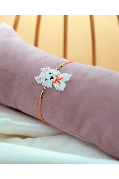 Miniklisi White Cat Bracelet with Terrier Orange Collar Miyuki