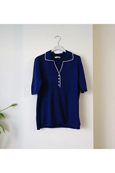 Butik Şans Jm Short Sleeve Stripe Detailed Polo Collar Knitwear Blouse