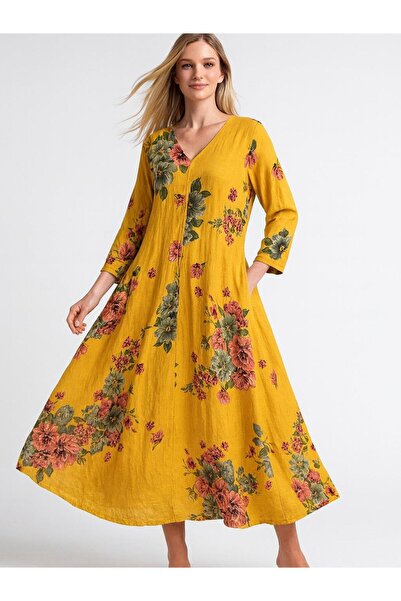 Butik İtalyan Keten Çiçek Desenli Elbise - SARI
