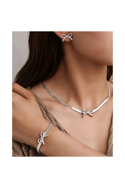 Kaw 4 Parça Kadınlar İçin Şık Paslanmaz Çelik Fiyonk Kolye, Küpe, Bileklik Seti