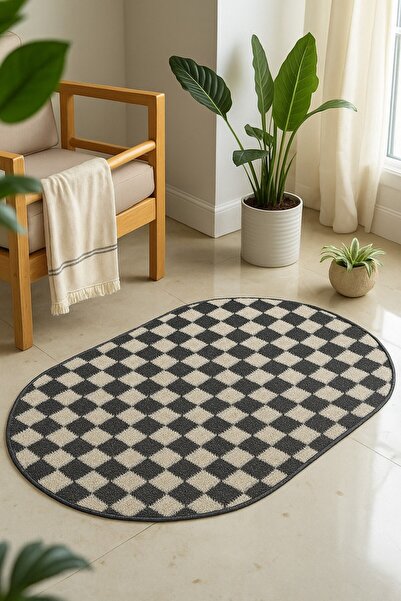 EUROBANO Chess Dama Desenli Oval Kemik-Füme Salon Oturma Odası Yatak Odası Koridor Makine Halısı Yolluk