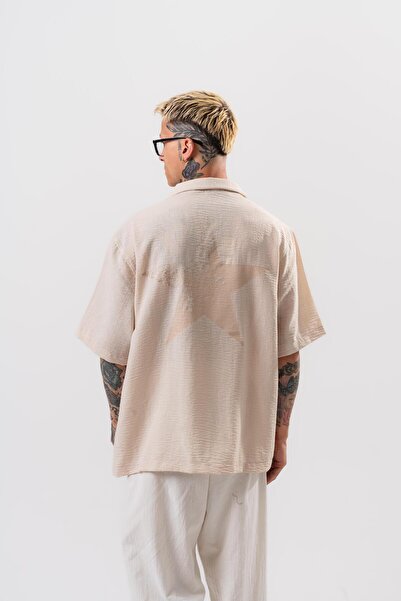 Respire Men's Star Embroidered Oversize Shirt Beige