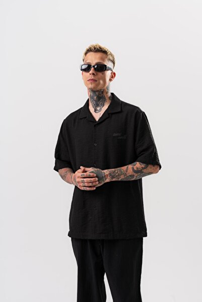 Respire Men's Star Embroidered Oversize Shirt Black