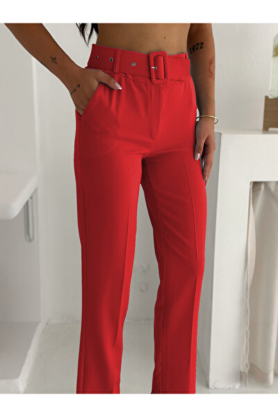 diaves Kırmızı Kuşak Bağlamalı Yelek Kemerli Havuç Pantolon Dokuma Kumaş İkili Takım