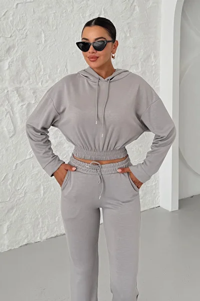 MODAGEN Women's Gray Elastic Waist Hooded Crop Top and Bottom Tracksuit Set