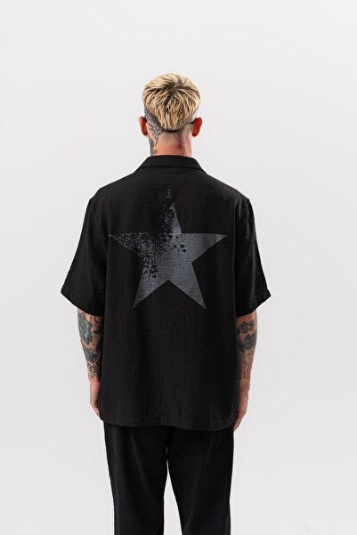 Respire Men's Star Embroidered Oversize Shirt Black