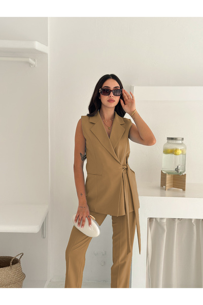 diaves Mink Blue Belted Vest Belted Carrot Trousers Woven Fabric Double Suit
