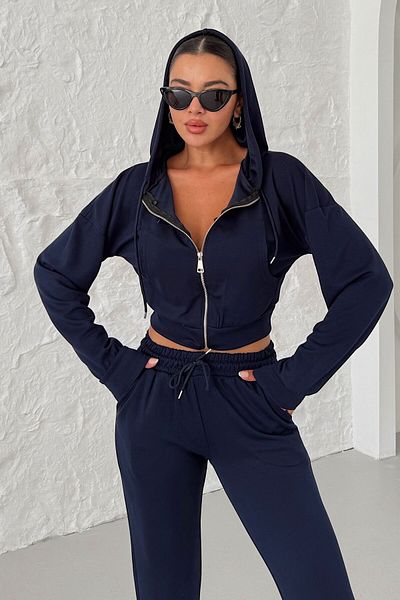 MODAGEN Women's Navy Blue Hooded Zipper Cardigan Tracksuit Bottom-Top Set