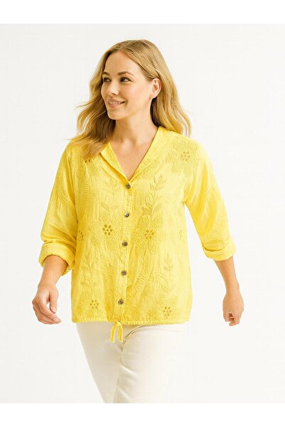 Butik İtalyan Pamuk İşlemeli Kapüşonlu Gömlek - SARI