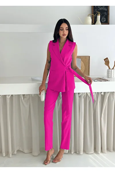 diaves Fuchsia Belted Vest Belted Carrot Trousers Woven Fabric Double Suit