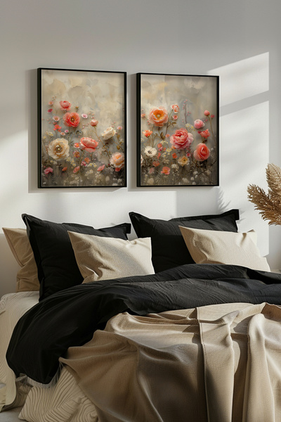 STARYUNA Set de picturi duble cu efect de pictură în ulei în tonuri pastel cu trandafiri vintage, cu rame din lemn negru Yuna366