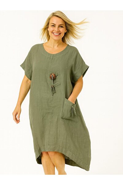 Butik İtalyan Keten Toka Detaylı Elbise - HAKİ