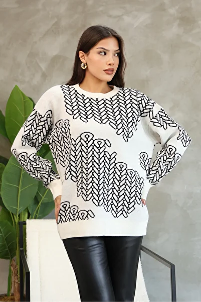 ALCHON Round Crew Neck Long Sleeve Knitted Bowknot Jacquard Pattern Winter Stylish Knitwear Sweater