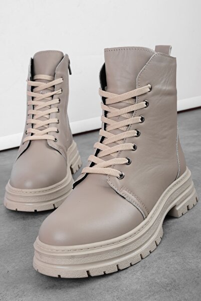 Lal Shoes & Bags Avrıl Kadın Hakiki Deri Bağcık Detaylı Fermuarlı Postal-Bej