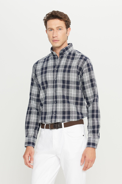 AC&Co / Altınyıldız Classics Men's Black Comfort Fit Relaxed Fit Button Collar Plaid Pattern Shirt