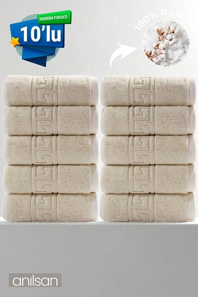 Anılsan 10 Pack Cream Greek Hand Towels - 50X90 Cm, 225Gr, 100% Cotton, Spa and Hotel Towels