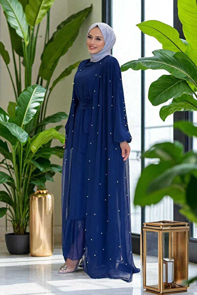 Bym Fashion İnci Detaylı Pelerinli Elbise 3973 Lacivert