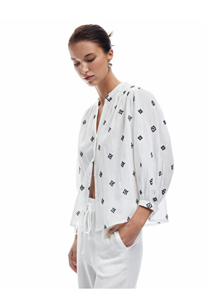 Koton Cotton Long Balloon Sleeve Embroidered Judge Collar Shirt