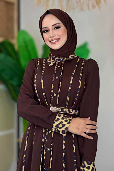 Bym Fashion Φόρεμα με λεοπάρ ριγέ και ζώνη 3930 Καφέ