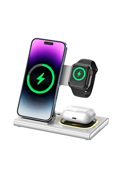 Elindor Încărcător wireless 3 în 1 cu încărcare rapidă, 15W, pentru iPhone, S...