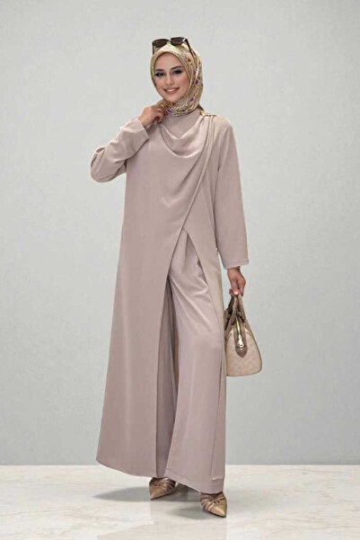 Bym Fashion One Shoulder Gold Buckle Detailed Tunic Trousers Set 8698 Mink