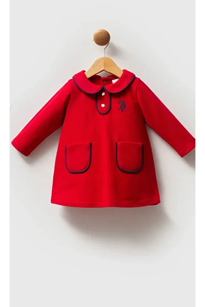 U.S. Polo Assn. Baby Girl, Licensed, Baby Collar, 100% Cotton, Red Dress