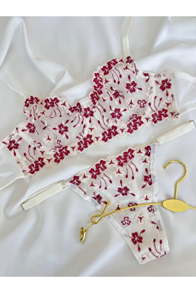 kiari Ecru Burgundy Floral Patterned Capless Underwire Brode Underwear Set