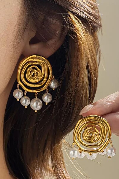 TAKIŞTIR Altın Renk İnci Detaylı Küpe (Çift)