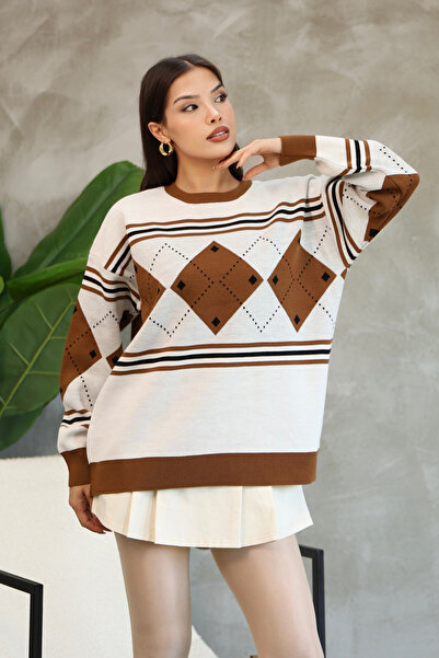 ALCHON Round Crew Neck Long Sleeve Loose Comfortable Fit Square Diamond Pattern Jacquard Winter Knitwear Sweater