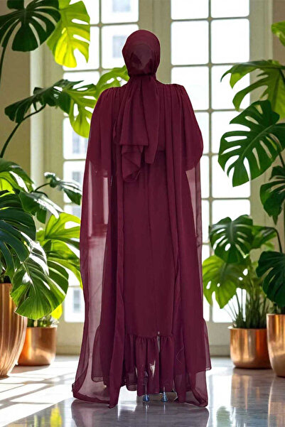 Bym Fashion Pearl Detailed Cape Dress 3973 Burgundy