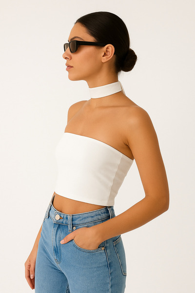 Olyssia Жіночий білий топ без бретелей з чокером, вишуканий блуз, підходить для повсякденного та особливого вбрання.