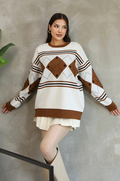 ALCHON Round Crew Neck Long Sleeve Loose Comfortable Fit Square Diamond Pattern Jacquard Winter Knitwear Sweater
