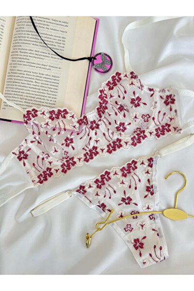 kiari Ecru Burgundy Floral Patterned Capless Underwire Brode Underwear Set
