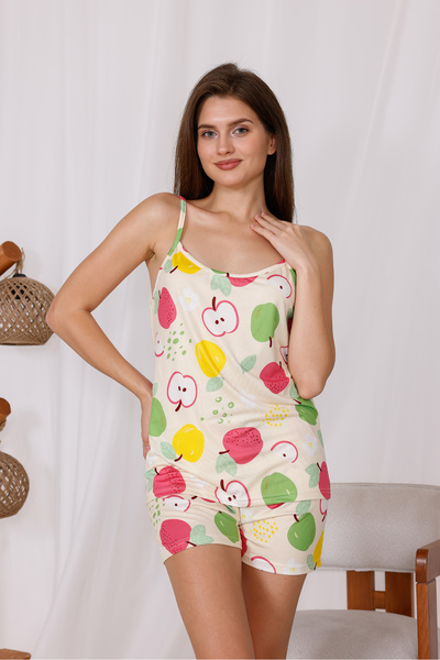 Arvin Pijama Apples Printed Soft Textured Fabric Knitted Pajama Set with String Strap Shorts