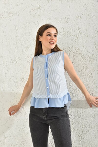 COMMFYY Mavi Beyaz Kolsuz Çizgili Gömlek