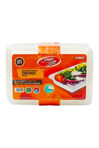 Homemate Home Mate White Rectangular Container with Lid 840ml – Microwavable | 12 Pcs (2x6)
