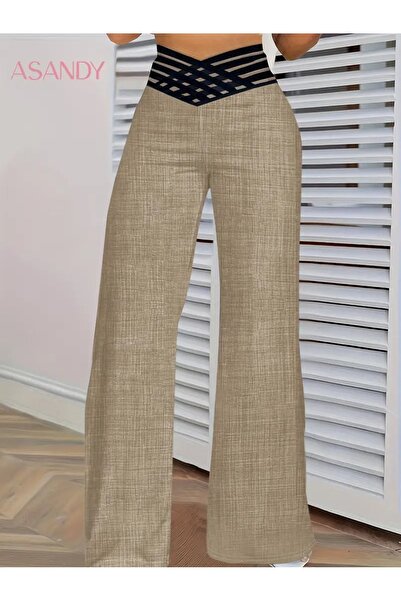 Etos Women's Trousers High Waist Elastic Spanish Paca Plazzo Light Brown