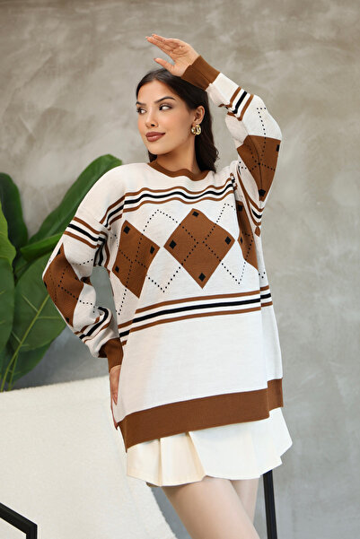 ALCHON Round Crew Neck Long Sleeve Loose Comfortable Fit Square Diamond Pattern Jacquard Winter Knitwear Sweater