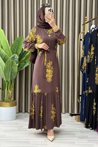 Generic Brand Elena Dress Viscose Fabric Women's Brown Mobile Belted Patterne...