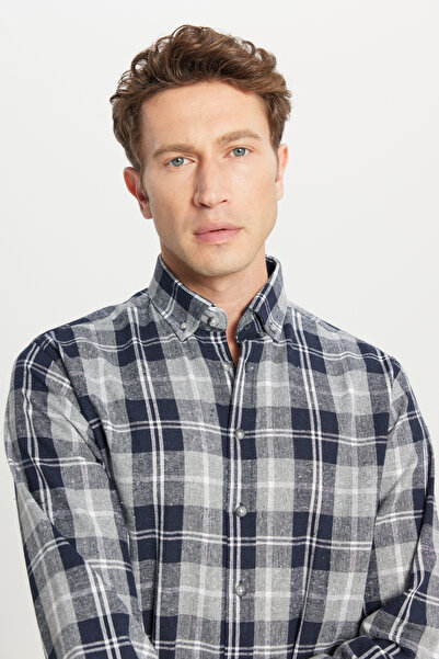 AC&Co / Altınyıldız Classics Men's Black Comfort Fit Relaxed Fit Button Collar Plaid Pattern Shirt