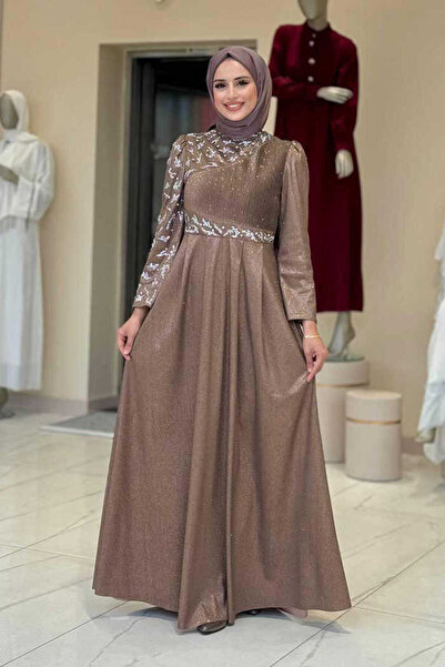 Bym Fashion Simli Taş Detaylı Abiye 3934 Vizon