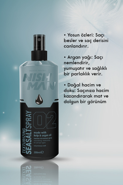 NISHMAN Hacim Ve Dolgunluk Veren Deniz Tuzu Saç Spreyi (Yosun ve Argan Yağı içerir) 200 ml