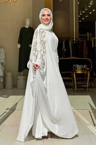 Bym Fashion Stone Detail Cape Dress Set 3939 Ecru