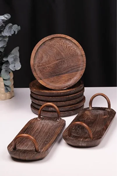 Bambum 8 Piece Pavlonya Obsidian Wood Presentation Set – Round and Rectangular Footed Serving Plates