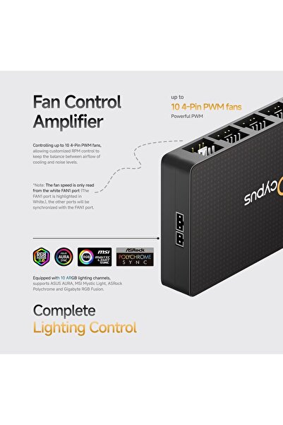 Generic موزع مروحة كمبيوتر Ocypus Delta EH10 ذو 10 منافذ مع وحدة تحكم عن بعد - وحدة تحكم PWM رباعية الدبابيس أو وحدة تحكم ARGB ثلاثية الدبابيس، Ma