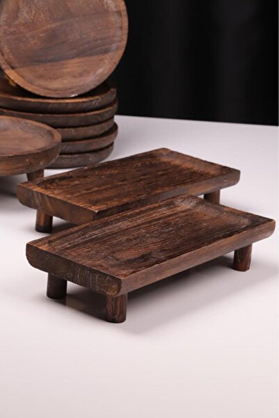 Bambum 9 Piece Pavlonya Shadow Wooden Presentation Set – Round and Rectangular Footed Serving Plates