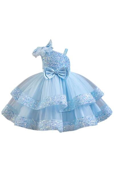 One Derya Elegant Party Dress for Girls, Midi Tulle Skirt with Ruffles, Sequins, Satin Bow, Decorative Pearls